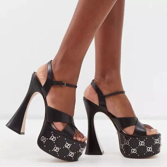 Gucci Janaya Black Interlocking G Studs 40.5/ US 10.5 Heels Platform Sandals NIB - Picture 3 of 16